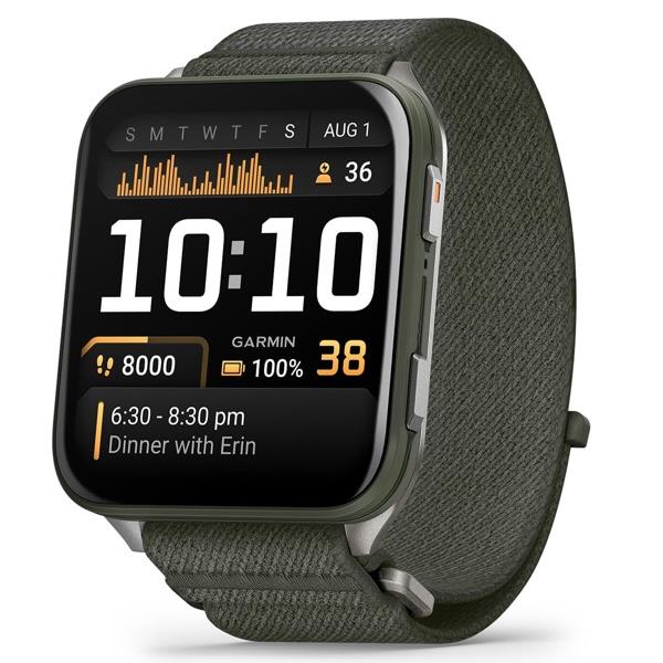 Garmin Venu X1 Smartwatch with a green band displaying various information on a white background