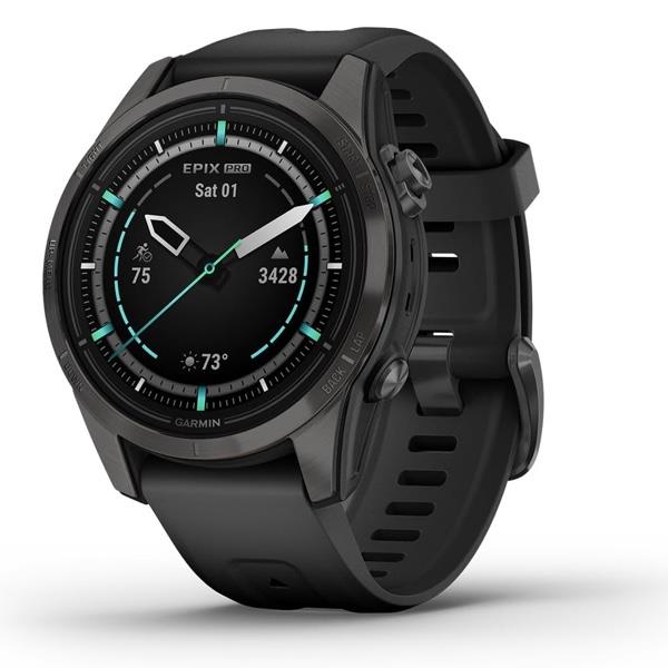 Black Garmin smartwatch on a white background