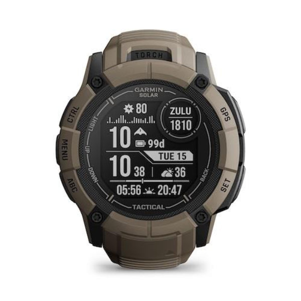Garmin Instinct 2X Solar Tactical Edition smartwatch in coyote tan color with a large display showing time, date, and various smart watch features.