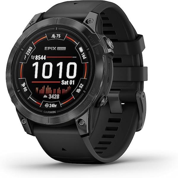 Black Garmin smartwatch with digital display on a white background