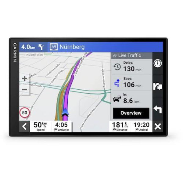 Garmin GPS device displaying a map with navigation information on a white background
