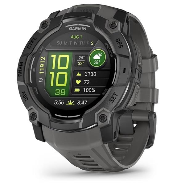 Garmin smartwatch with digital display on a white background