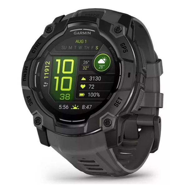 Garmin smartwatch with digital display on a white background
