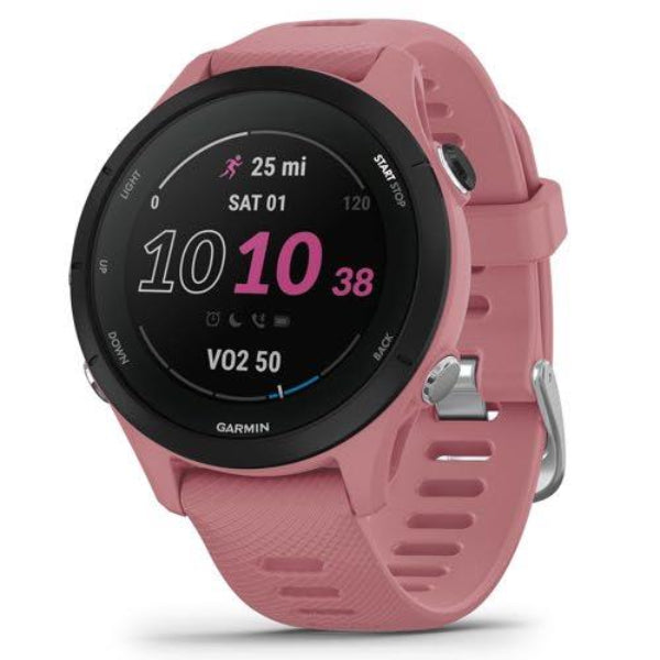 Garmin Forerunner 255 running GPS sports watch in pink color with a black dial, displayed in a front-on view showcasing the screen with workout metrics.