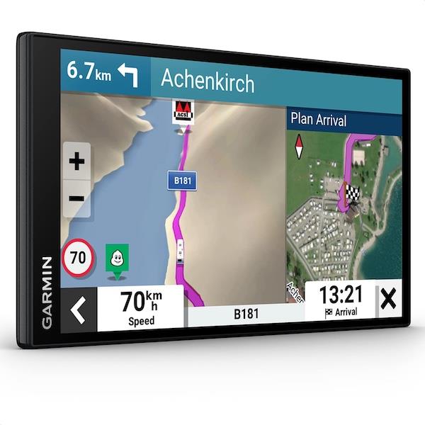 Garmin GPS device displaying a map with navigation information on a white background